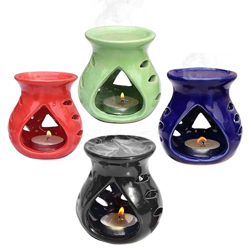 Image of Pure Source India Ceramic Aroma Oil Burner Pack of 4 (Green, Navy Blue, Red, Black)