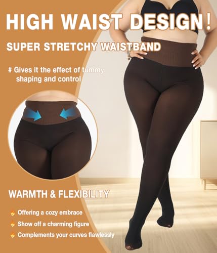 Image of MERYLURE High Waist Fleece Lined Tights Women Plus Size, Fake Translucent Winter Warm Pantyhose Thick Thermal Leggings