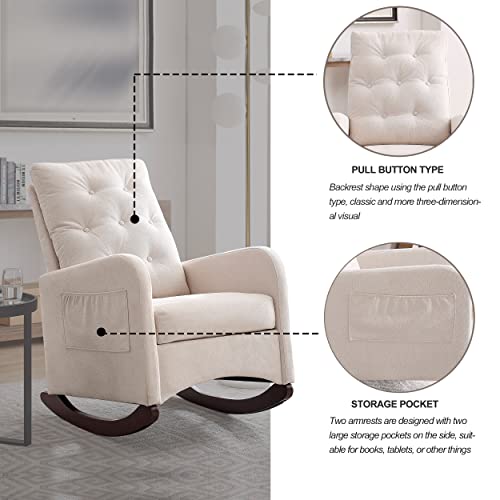 Deolme Modern Accent Rocking Chair, Button Tufted Upholstered Glider Rocker For Nursery, Comfy Armchair With Side Pocket, Lounge Chair With High Backrest For Living Room, Bedroom (Fabric Light Beige) #TOP6