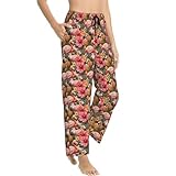 Pantalones de pijama para mujer, suaves, cómodos, ligeros, con estampado hawaiano de piña y flamencos, pantalones de pijama para descansar, Negro, L