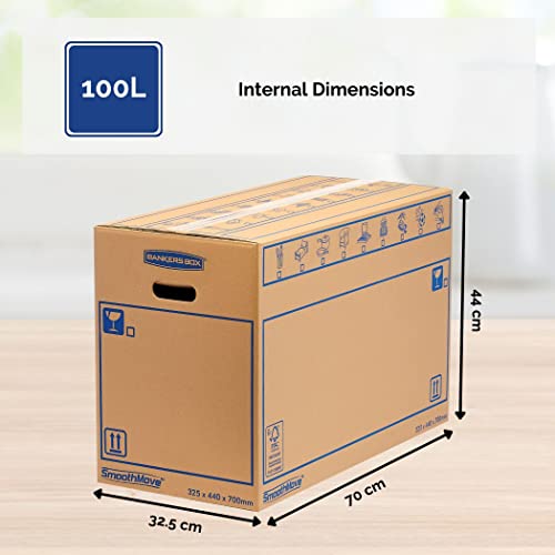 5 BANKERS BOX EXTRA LARGE Strong Moving Boxes, 100L SmoothMove Cardboard Packing Moving Boxes, Heavy Duty Double Wall Boxes for Moving House with Handles, 70cm x 44cm x 33cm (Pack of 5), Brown