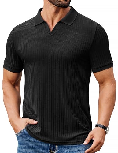 COOFANDY Men's Ribbed Polo Shirts Short Sleeve V Neck Slim Fit Polo T-Shirt Casual Summer Collared Golf Shirt Black