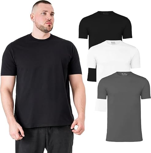 Essential 3-Pack Men's Crew Neck T-Shirts – Black, White, Carbon, Sizes XL-5XL, Soft Cotton-Poly Blend, Premium Fit, Perfect for Big & Tall Men, Breathable, Comfortable, Hide Beer Belly/Dad BOD