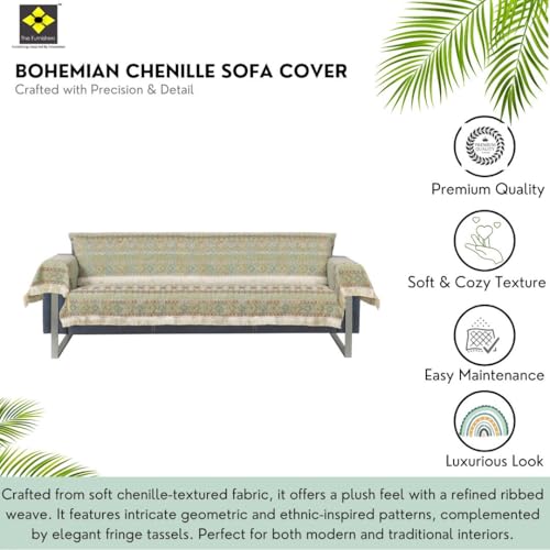 Image of Elegant Woven Green Sofa Cover Soft Chenille Traditional Pattern with Lace Style | L-Shape Sectional Seat Protector for Living Room | Durable & Stylish Slipcover 3 Seater with Arms