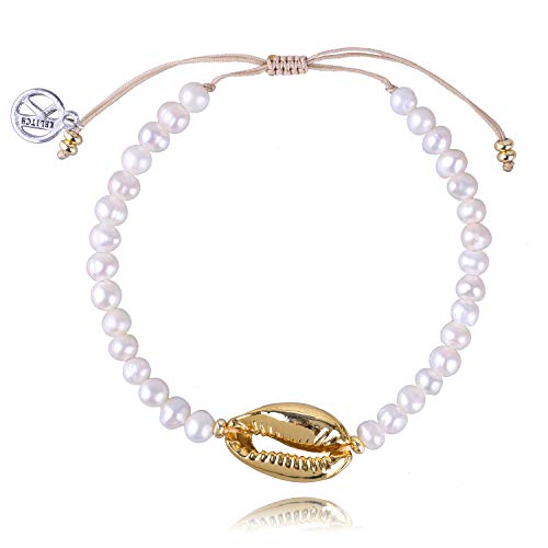 KELITCH Natural Shell Pearl Strand Bracelet Bohemian Gold Cowry Seashell Beach Bracelets Ankle Handmade Gift for Women