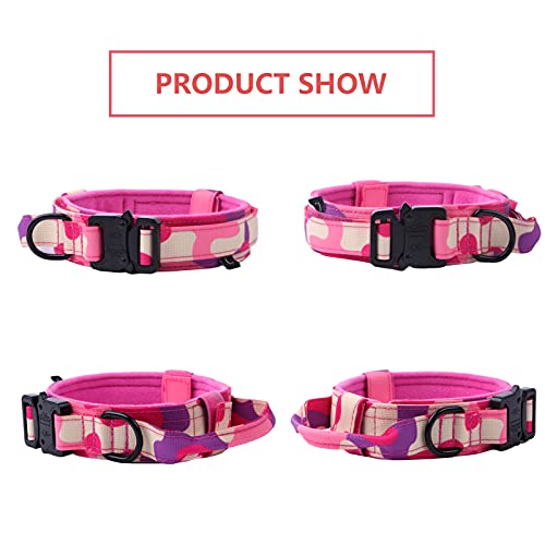 Image of Tactical Dog Collar and Leash Set Adjustable Military Nylon Dog Collar with Control Handle and Heavy Duty Metal Buckle for Large Dogs(Pink Camo XXL