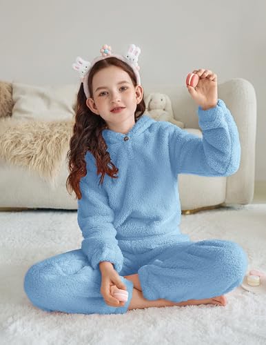Image of Arshiner Girls 2 Piece Outfits Sweatsuit Fuzzy Long Sleeve Bear Ear Hoodie Sweatshirt and Sweatpant Kids Clothing Sets