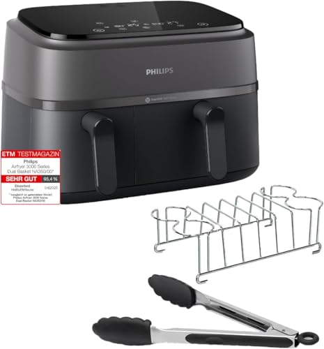 Philips Dual Basket Airfryer 3000-Serie mit Frühstücks-Set, 9L, 2 Schubladen, Synch-Funktion, Rapid Air, Vielseitige Große Heißluftfriteuse, 99% Weniger Fett und Energiesparend, HomeID-App (NA350/03)