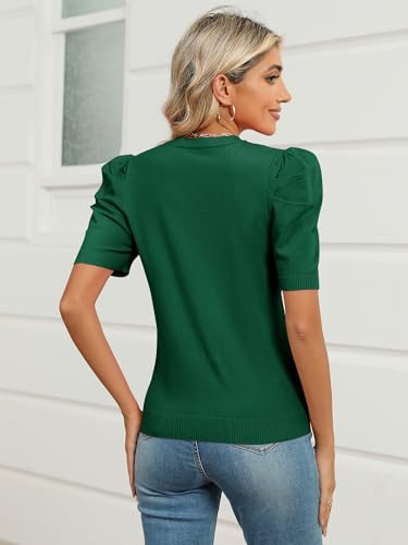 Image of AKEWEI Puff Short Sleeve Sweater for Women Tops Trendy Spring Summer 2025 Business Casual Outfits Knit Crewneck Shirt Blouses