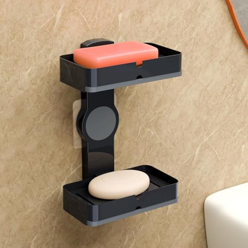 Image of Plastic Self-Adhesive Double Layers Soap Holder for Bathroom Wall with Removable Drain Tray | No Drill Stickable Soap Stand for Kitchen Sink | Black
