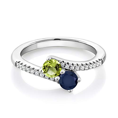 Gem Stone King Two-Stone Bypass Ring for Women in 925 Sterling Silver | 4MM Round Gemstone Birthstone and Green Peridot | Crossover Anniversary Engagement Wedding Promise Ring | Sizes 5, 6, 7, 8, 9