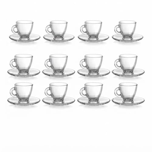HOMEA Set 6/12 Tazzine da Caffè in Vetro con Piattino 95cc Bicchieri Espresso Trasparenti - Servizio Caffè Elegante Lavabile in Lavastoviglie, Tazzina per Espresso per Casa Ufficio