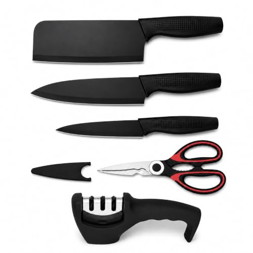 Image of SNMMIFER 5-Piece Kitchen Knife Set with Cleaver, Chef Knife, Utility Knife, Multipurpose Kitchen Scissors,Knife Cover & 3-Stage Knife Sharpener | Stainless Steel Cutting Combo Set (Black Combo)