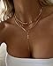 Tewiky Lariat Necklace for Women, Dainty Long Necklaces 14k Gold Plated Heart Pearl CZ Teardrop Pendant Necklace Simple Drop Necklace Trendy Y Necklace Fashion Jewelry for Women