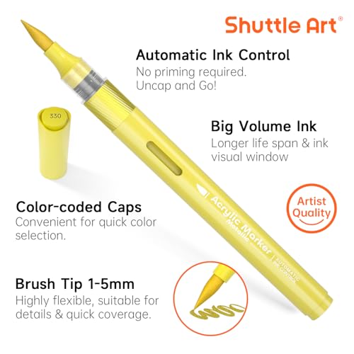 Image of Shuttle Art Automatic Ink Control Acrylic Paint Markers, 24 Metallic Colors Brush Tip Acrylic Paint Pens for Rock Painting, Ceramic, Wood, Canvas, Glass, Stone, Fabric, Card, DIY Football Crafts
