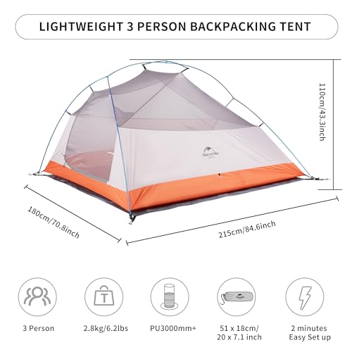 Naturehike Upgraded Cloud Up 3 Person Tent Lightweight Backpacking Tent for Camping Hiking,Waterproof Backpacking Tent with Footprint,Free Standing Dome Tent image 3