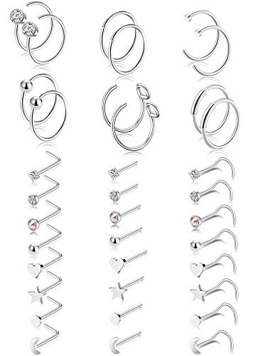 Tornito 20G 36Pcs Stainless Steel L Shaped Nose Ring CZ Nose Stud Retainer Labret Nose Piercing Jewelry (A0?30Pcs, Silver Tone)