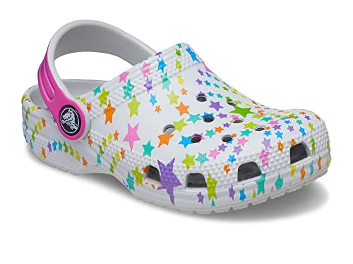 Image of Crocs Kids Classic Clog Seasonal Graphic for Toddler - Thermoplastic Upper with Jibbitz Charms, and Pivoting Heel Strap Shimmer /Multi Disco Party 4 Toddler M
