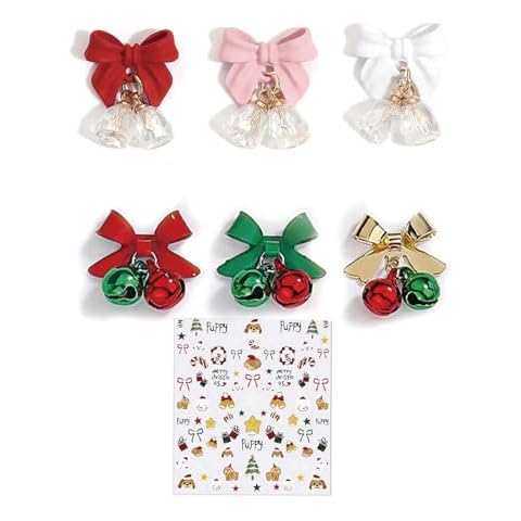 Christmas Bow Nail Charms Y2k Christmas Jingle Bell Bow Bowknot Charms for Nails Christmas Nail Art Stichers 7PCS (Multi) Cover