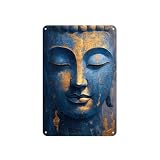 Blue Buddha Face tin sign, Vintage Spiritual Art Metal Sign print Aesthetic Room Decoration for Home Bedroom Kitchen Bar Coffee Bathroom Indoor Outdoor Wall Decor, 8 X 12 IN