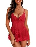 RSLOVE Women Sexy Lingerie Lace Babydoll Mesh Chemise Sleepwear Bridal Nightdress Red Medium