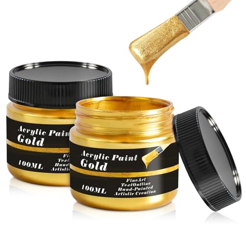 Gnaxyzthor 2 Piezas Pintura Acrílica Dorada Metálica, Pintura Acrilica Oro, 100 ml Acrilico,Ideal para Diseño Artístico y Manualidades, Incluye Materiales de Lienzo, Madera, Arcilla, Tela y Vidrio
