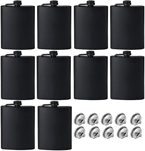 GADIEDIE Flask for Liquor for Men, Matte Black 8 Oz Stainless Steel Leakproof and Funnel, with Never-Lose Metal cap, Hip Flask for Wedding Party Gift Outdoor Activities, Set of 10
