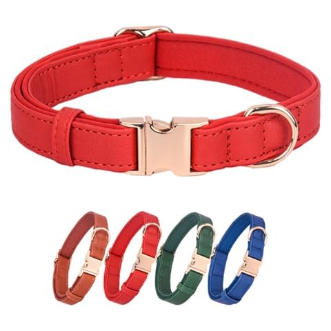 WDPAWS Dog Collar Leather Soft PU with Neoprene Inner Quick Release Gold Metal Buckle for Small Medium Large Dogs(M Red) Cover
