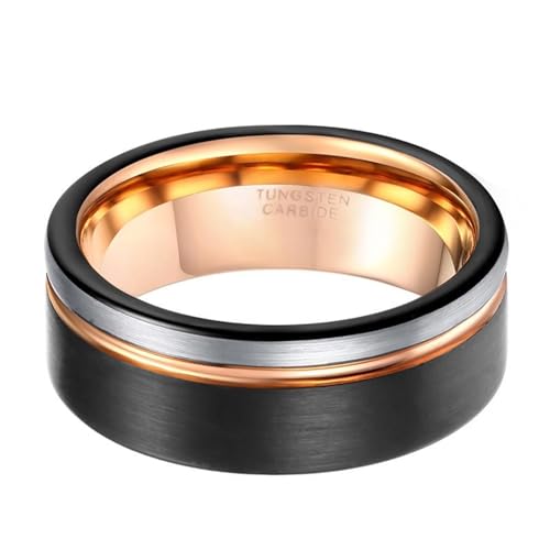 Bague mariage homme carbure de tungstène 8mm tricolore noir et or rose, haute résistance anti-rayures - 2