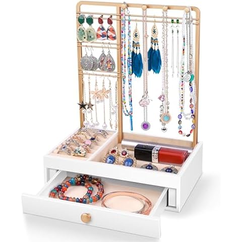 Teamkio Jewelry Stand Tree with Large White Storage Box, Tabletop Jewelry Organizer Display Tree for Necklace, Rings, Bracelets, Watches Cover
