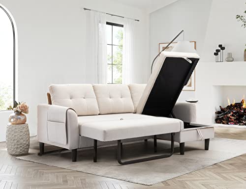 Modern Pull Out Sleeper Sofa Bed With Chaise, Comfy L Shaped Convertible Sleeper Couch With Storage And Pocket, Sectional 3 Seat Couch For Living Room Furniture Or Home Office, Tufted Back - Beige #TOP5