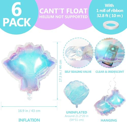 Image of Iridescent Seashell Mermaid Balloon, 6 Pack Ocean Sea Shell Balloons For Hawaii Summer Beach Under the Sea Theme Birthday Baby Shower Party Decoration Supplies