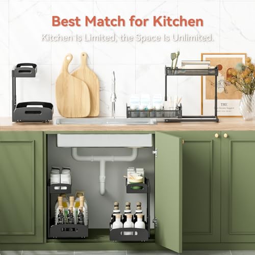 YASONIC 2 Pack Under Sink Organizer, 2 Tier Height Adjustable Kitchen Cabinet Organizer, Pull Out Metal Cabinet Shelf Organizer, Under the Sink Organizers and Storage for Kitchen & Bathroom, Black - image 7