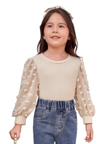 Image of Floerns Girl's Contrast Mesh Swiss Dots Tee Shirts Lantern Sleeve Round Neck Tee Tops Apricot 6Y