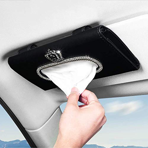 eing Fashion Crown Crystal Car Tissue Box Sun Visor Leather Auto Napkin Tissue Hanging Bag Holder for Car Accessories,Black