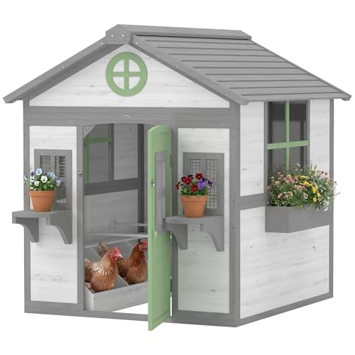 Image of PawHut Chicken Coop, Wooden Hen House Outdoor Playhouse for 2-4 Chickens, Poultry Cage with Nesting Box, Planter Pots and Boxes, Windows, Rabbit Hutch for Backyard, 50 inch x 44 inch x 54 inch, White