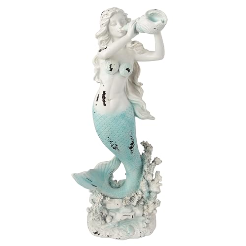 Corner Merchant Mermaid Figurine Statue Distressed Whitewashed Coastal Coral Decor Collection for Home Bathroom Living Room Garden Desk 15 Inches Tall