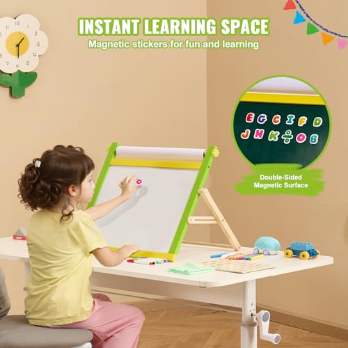 VEVOR Kindertafel, 3-in-1-hölzerne doppelseitige Spieltafel für Kinder mit magnetischem Whiteboard, Kreidetafel, Papierrolle, faltbarem Zeichenbrett mit Malzubehör für Kinder im Alter von 3-14 Jahren