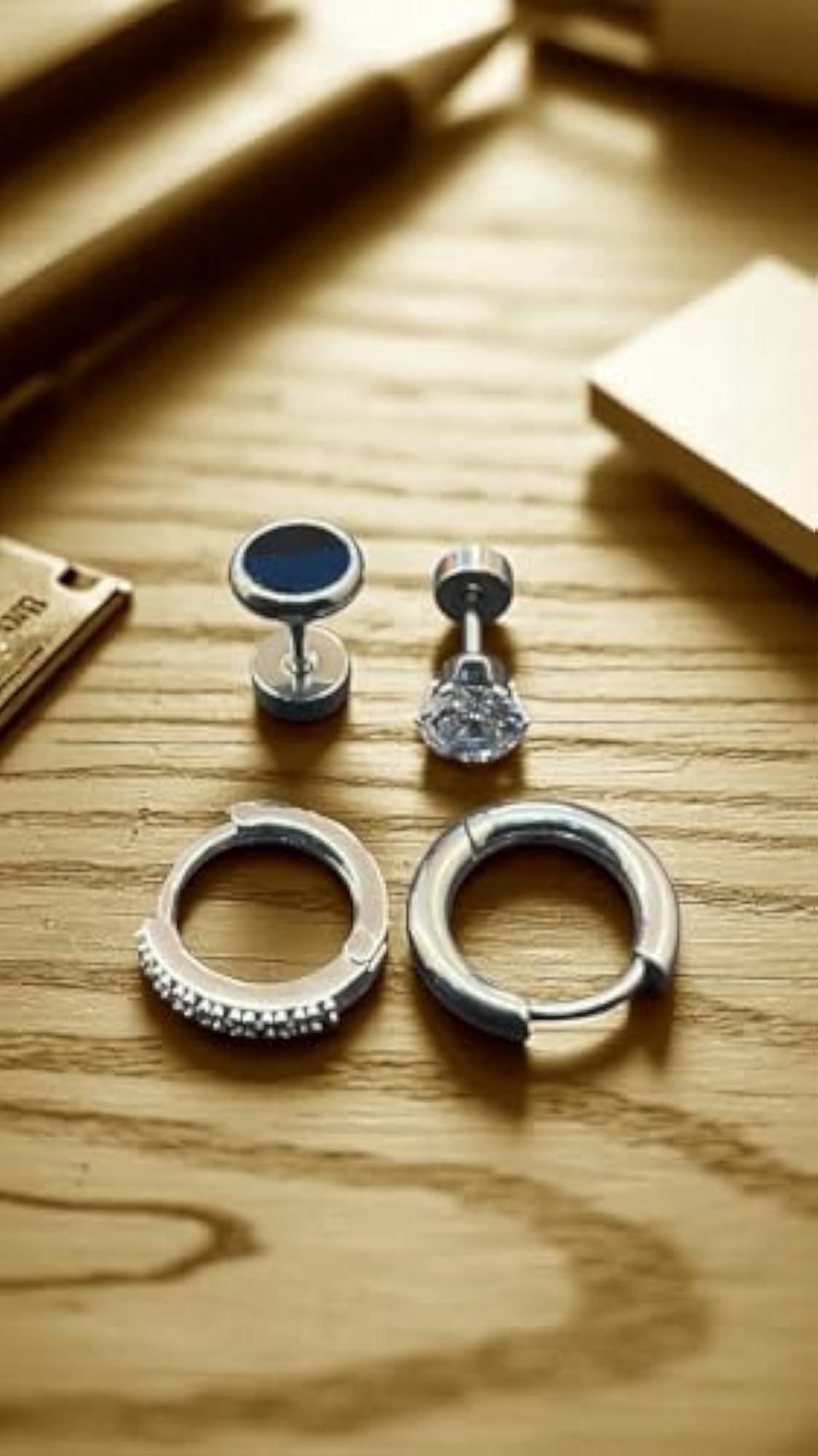 Stainless Steel Earring Set, 4 Pieces with Crystal and Black Onyx