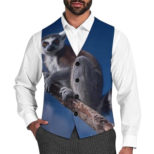 Ringtailed Lemur Cute Suit Vest for Men Waistcoat Dressy V Neck Button Down Sleeveless Business Jacket Coat