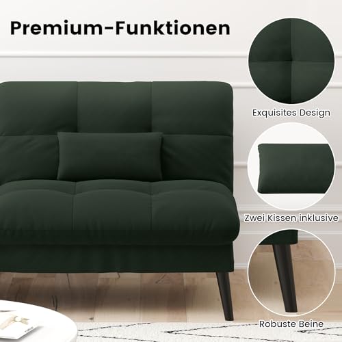 LUCKRACER Sofa 3 Sitzer Sofa Schlafsofa mit Schlaffunktion, überzug Futon Klappsofa, Bettcouch, ecksofa, Couch, 5 Verstellbare Winkel, Ideal für Wohnungen Wohnzimmer aus Stoff Grün