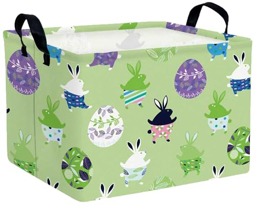 Image of Large Rectangular Easter Baskets Empty Waterproof Boy Toy Box Foldable Kid's Gifts Storage Bin Spring Room Decor(Green Dancing Rabbit Egg)