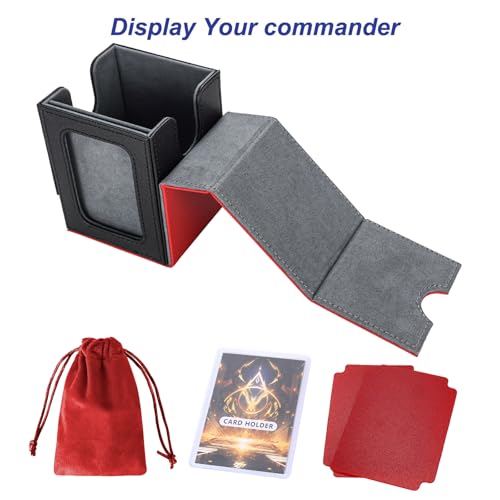 Image of AFIING MTG Deck Box for Commander Display,Card Deck Case Fits 100 Double Sleeved Cards, Magic Commander TCG Card Storage Box with 2 Dividers,Dice Bag and 1 Toploader(Red Black)