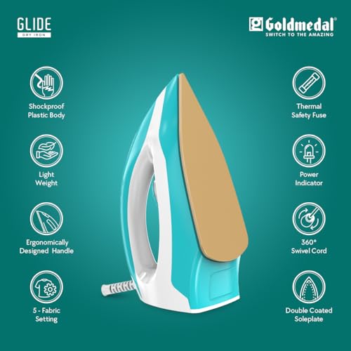 Image of Goldmedal Glide 1100W Dry Iron | Non-stick Weilburger Premium Double Coated Soleplate | 5 Fabric Setting |1.8 Meter Cord | 360 Swivel Cord | 2.5 Years Warranty | Light Weight (Turquoise Blue)