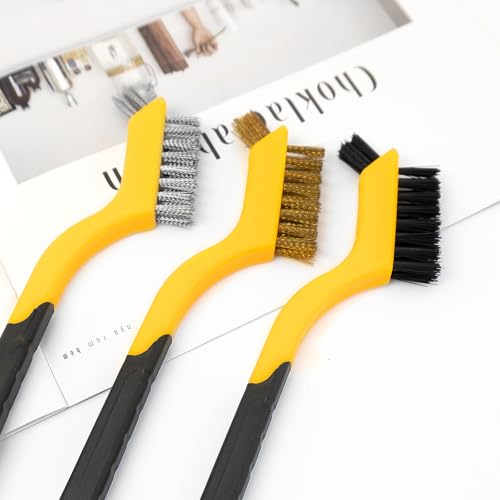 Image of 3pcs Wire Brushes Sturdy Little Cleaning Tool Scratch Brush, Nylon /Brass /Stainless Steel Bristles Brush with Curved Handle Grip Cleaning for Grout, Dirt, Rust, Paint Scrubbing Grease