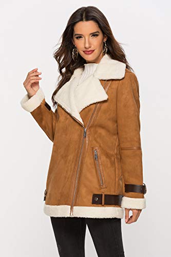 Escalier Women's Winter Lapel Faux Suede Leather Jacket with Sherpa Fleece Lining Camel S - Thumbnail 5