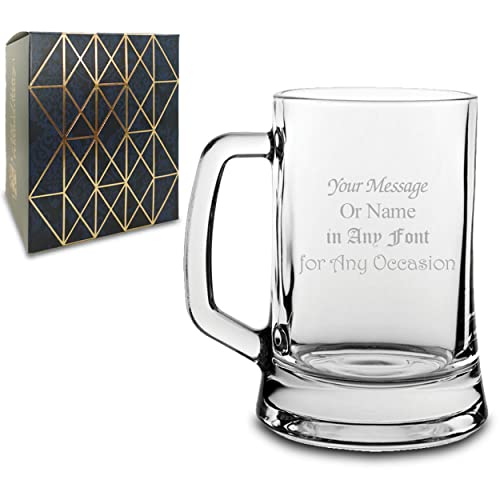 Personalised Engraved Glass Beer Stein, Personalise with Any Message for Any Occasion, Stylize with a Variety of Fonts, Laser Engraved, Gift Box Included