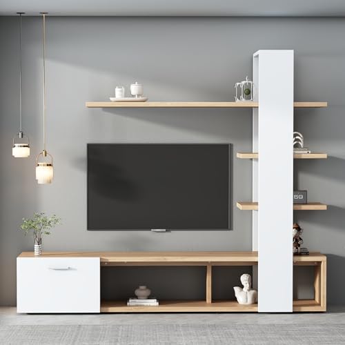 Meuble TV Moderne en Chêne Blanc, Meuble Mural De Salon pour La Maison, Ensemble De Meubles De Salon 180 X 33,5 X 151,5 cm, Adapté Aux Moins De 60 Pouces,...