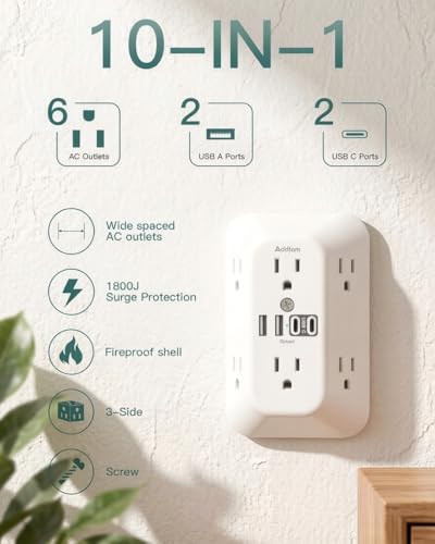 Image of Addtam 6-Outlet Extender Surge Protector, Multi Plug Wall Outlet with 4 USB Wall Charger(2 USB C Ports), Plug Extension Outlet with 1800J, Outlet Splitter Power Strip for Home Office, 2 Pack, White