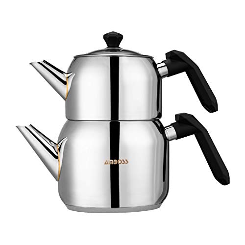 Amboss Turkish Teapot Set 3Lt. Capacity Stainless Steel Induction Compatible Turkish Tea Set (Black)